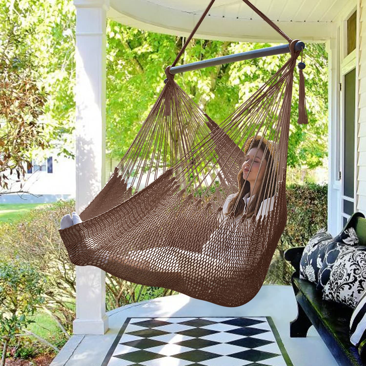 Bathonly front view dark brown hammock chair showing comfortable seating and support
