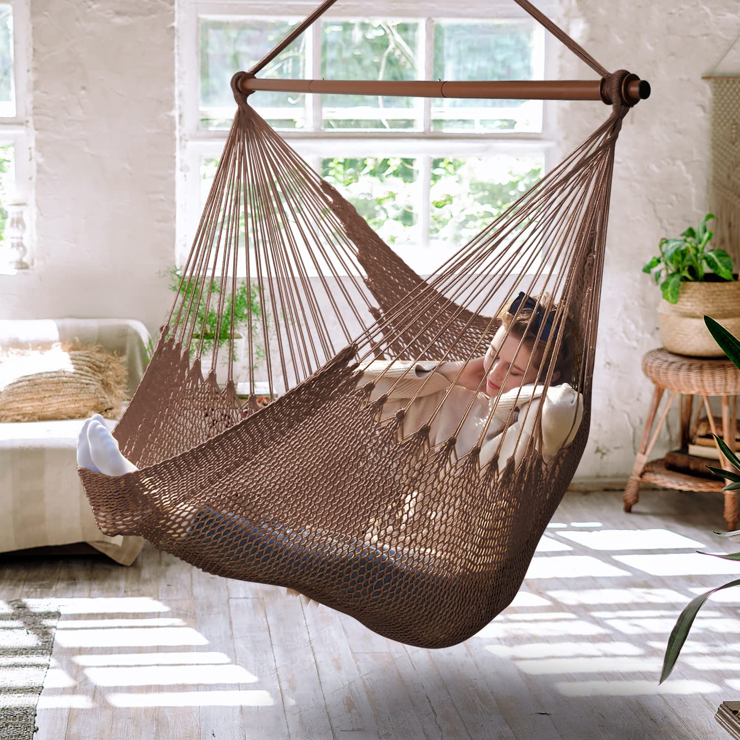 Bathonly front view hammock chair showing roomy seat and saddle brown color for comfort