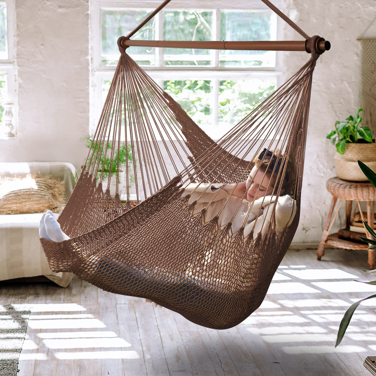 Bathonly front view hammock chair showing roomy seat and saddle brown color for comfort