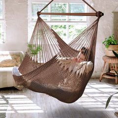 Bathonly front view hammock chair showing roomy seat and saddle brown color for comfort