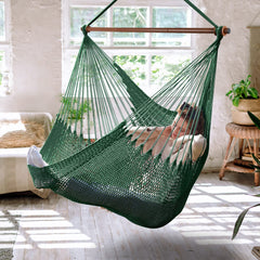 Bathonly hammock chair front view showing roomy forest green seat and spreader bar benefit: comfortable lounging
