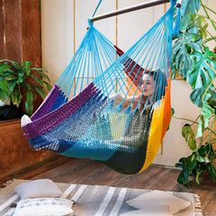 Bathonly hammock chair front view showing vibrant rainbow and comfortable seating
