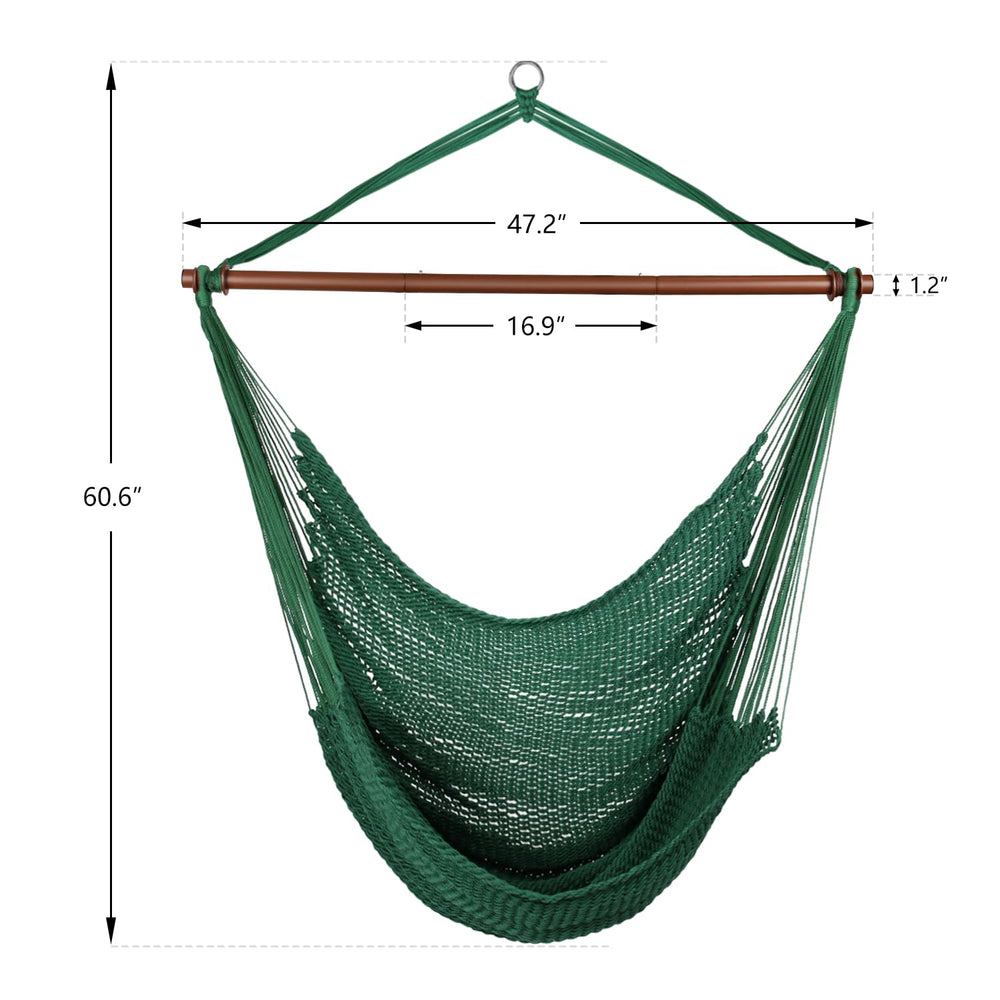Bathonly hammock chair material and care label close-up showing 100% polyester construction and durability