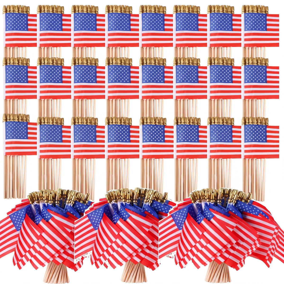 Batiyeer front pack of 500 small American flags showing full bulk set and packaging benefit