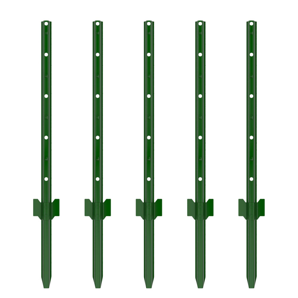 Bavnnro front view of five green steel posts showing pack and benefit of ready supply
