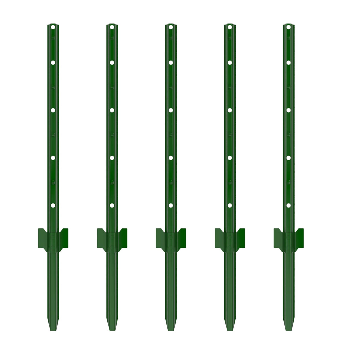 Bavnnro front view of five green steel posts showing pack and benefit of ready supply