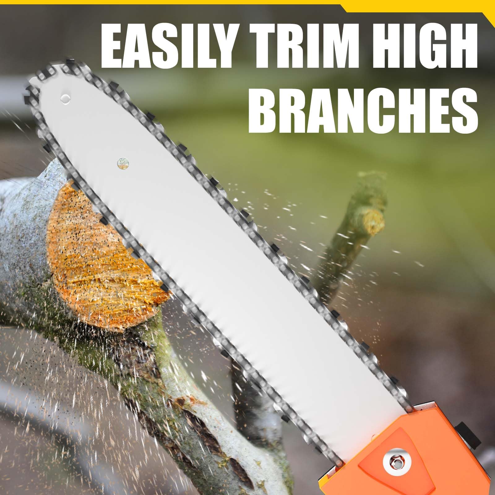Bavnnro in use trimming a tall branch demonstrating cordless convenience