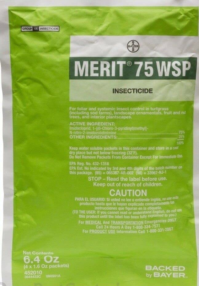 Close-up of Bayer Merit 75 WSP packet dissolving in water for easy mixing