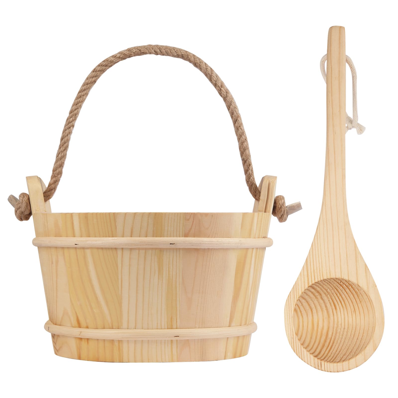 bayisam front view showing pine bucket and ladle, highlights authentic craftsmanship and style