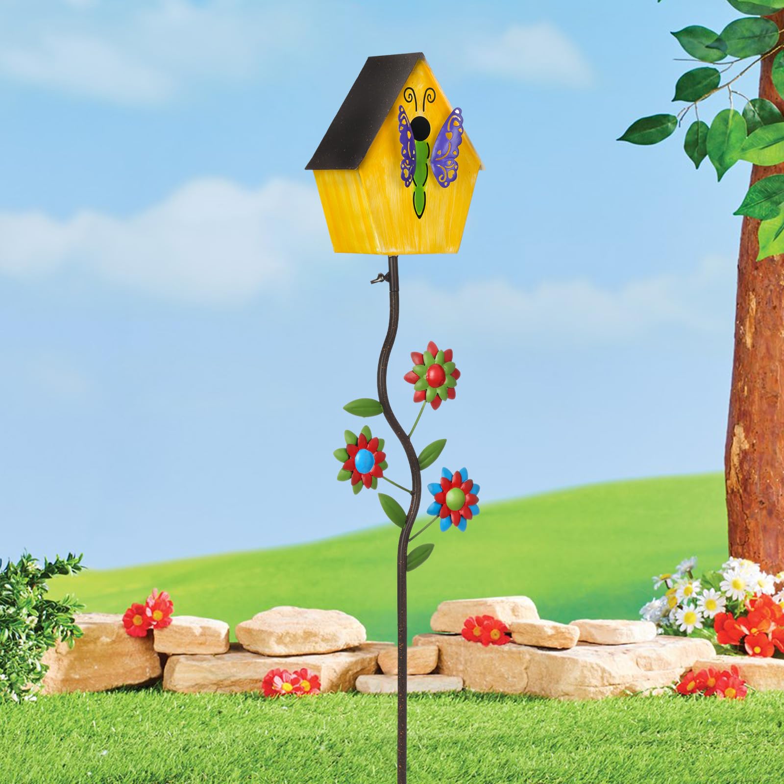 BAYN birdhouse placed in flower bed attracting birds and boosting curb appeal