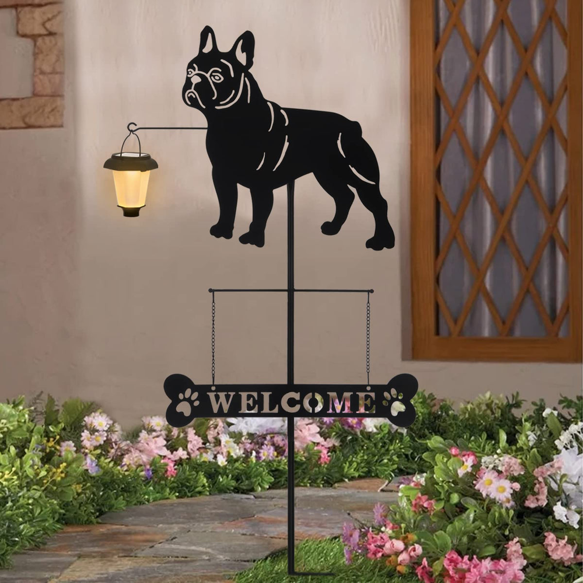 BAYN front view of French Bulldog sign showing playful silhouette and lantern for curb appeal