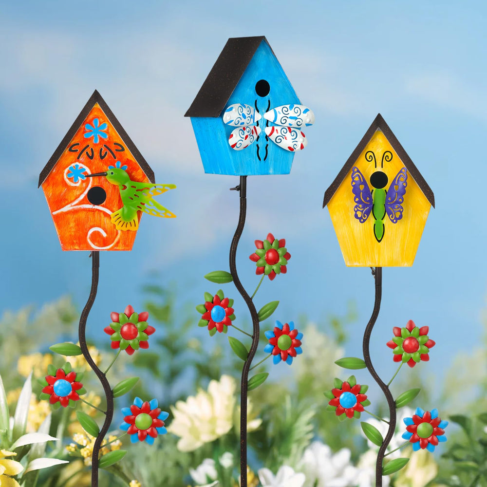 BAYN birdhouse stake on patio creating colorful focal point and habitat