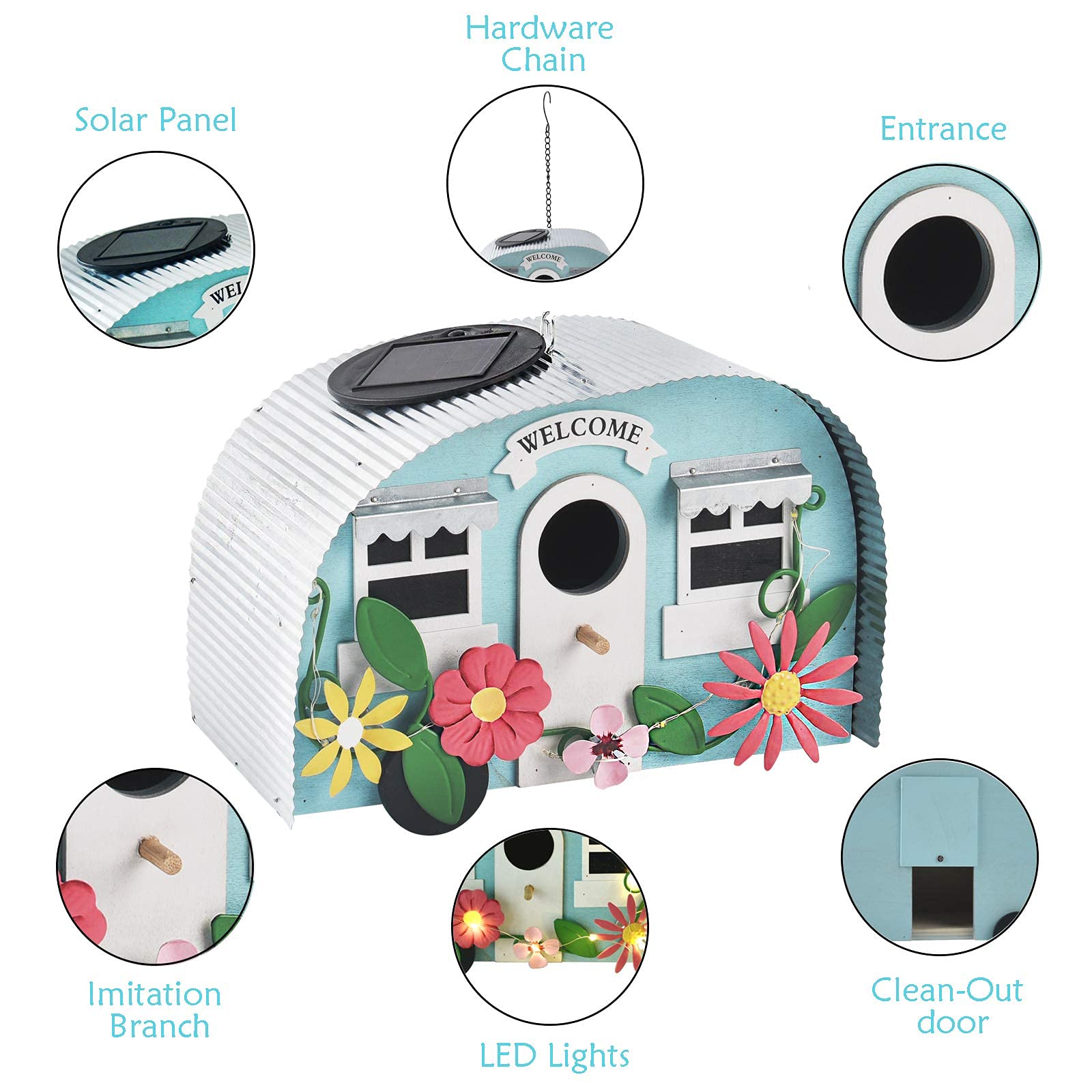 BAYN solar panel with ten warm white LEDs illuminated offering night ambiance