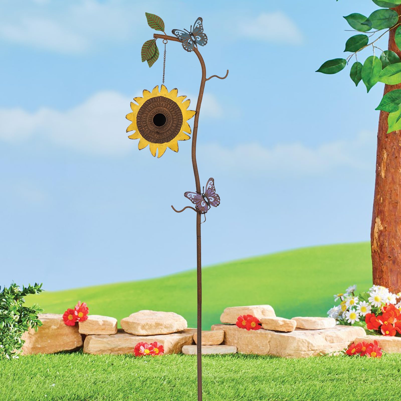 BAYN birdhouse stake placed in garden attracting birds and color