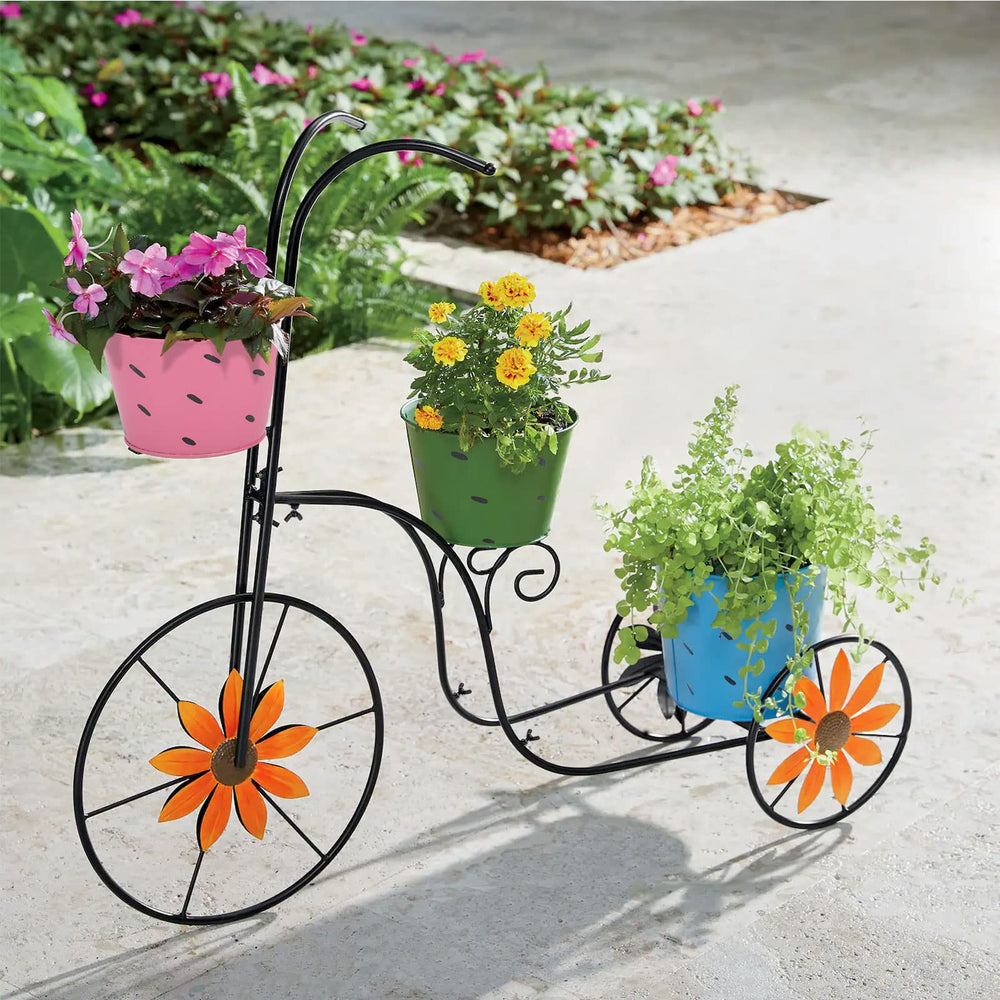 BAYN tricycle planter front view showing colorful pots and black iron frame for visual appeal