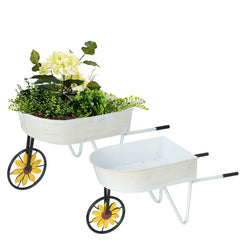 BAYN wheelbarrow planters front view showing rustic finish and dual sizes, enhances curb appeal