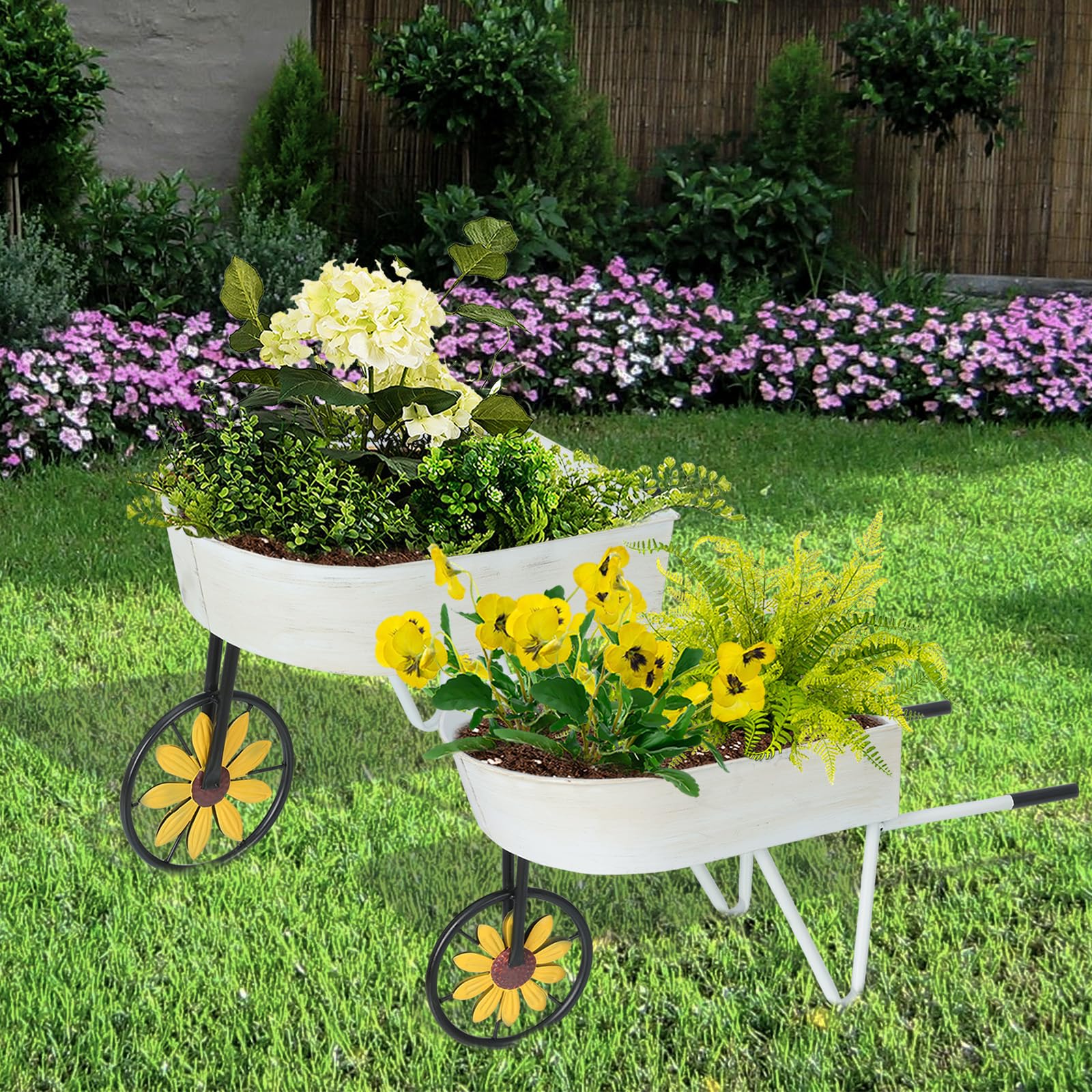 BAYN wheelbarrow duo on porch with flowers, elevates outdoor decor and entryway charm