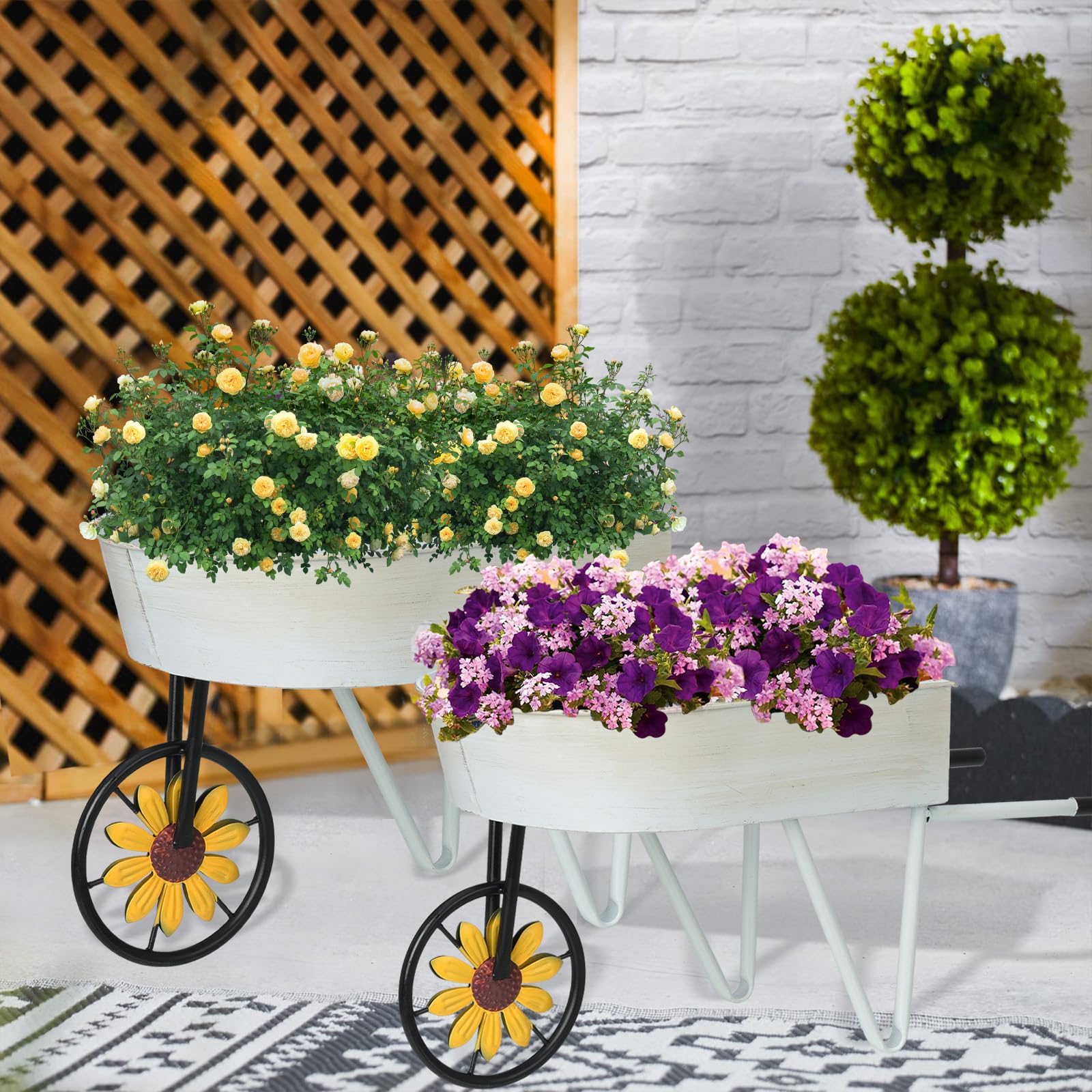 BAYN wheelbarrow close-up of decorative flower-spoke wheel, adds stable vintage detail
