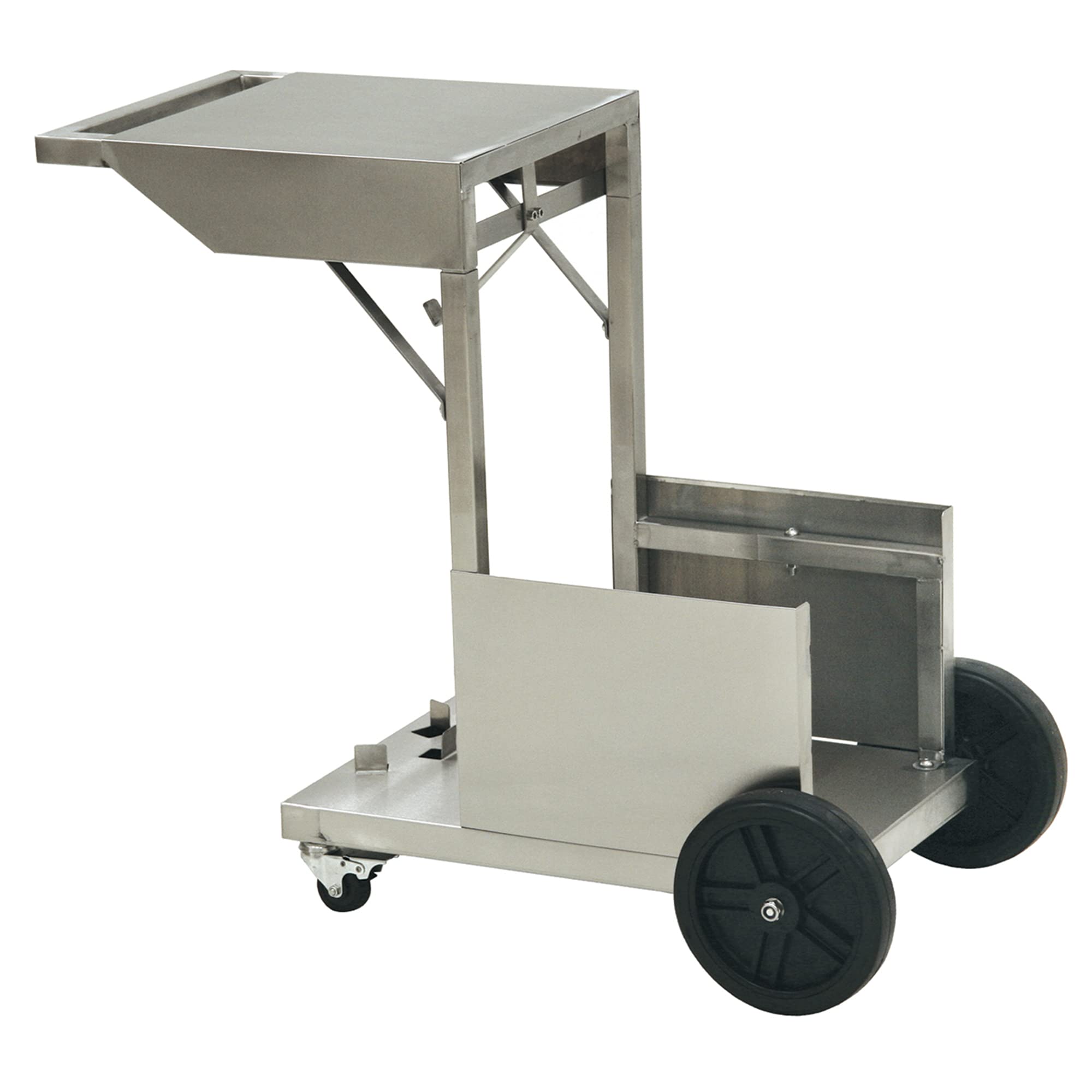 Bayou Classic fryer cart front view showing stainless frame and wheels for stable mobility