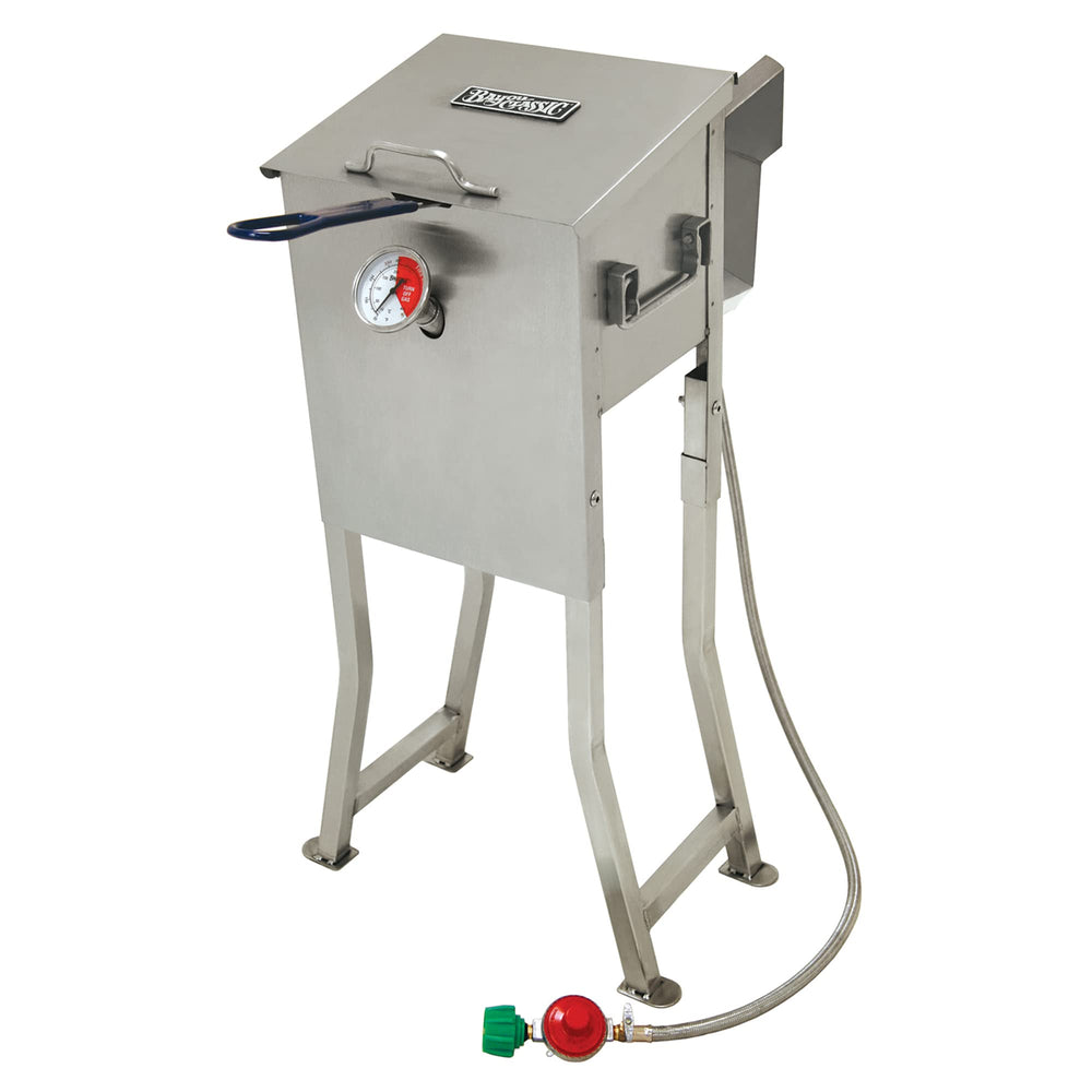 Bayou Classic front view showing stainless fryer and baskets for even heating benefit
