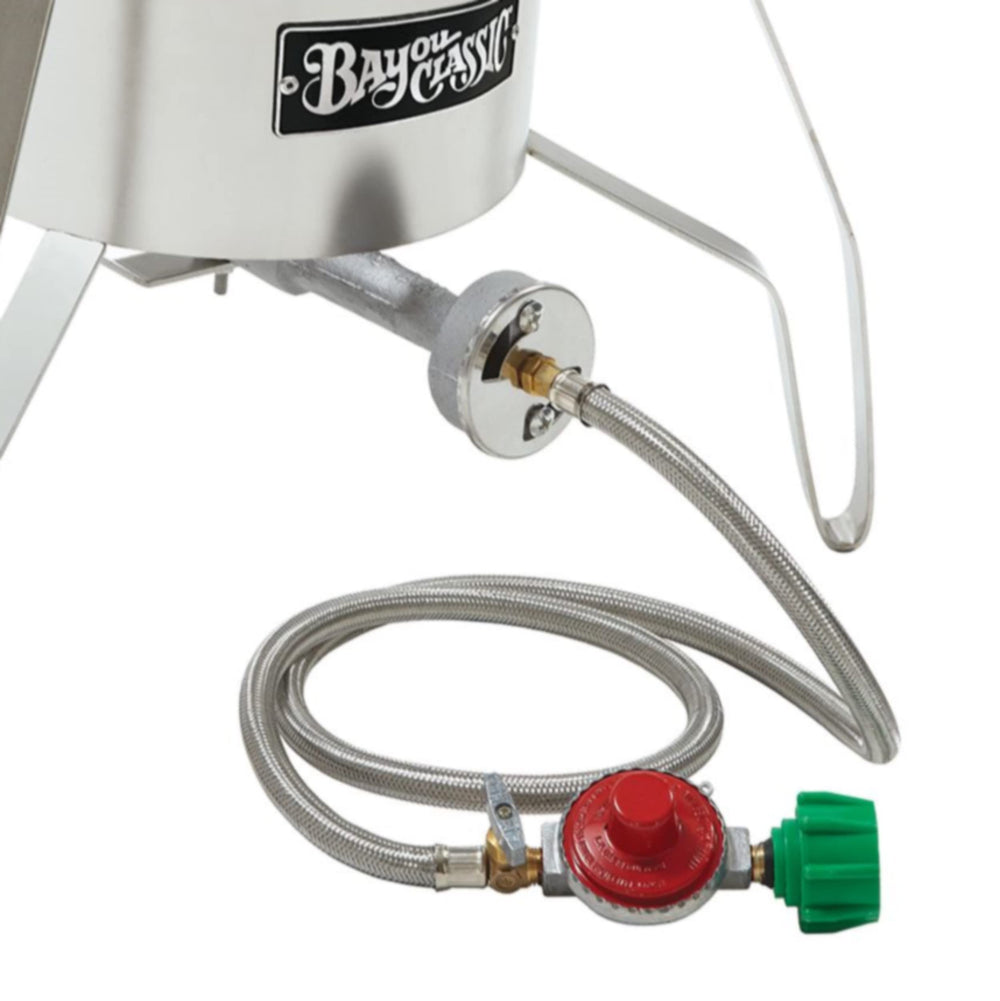 Bayou Classic preset 10 PSI regulator and brass control valve close-up for precise control