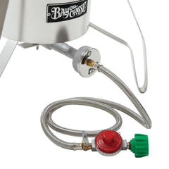 Bayou Classic preset 10 PSI regulator and brass control valve close-up for precise control