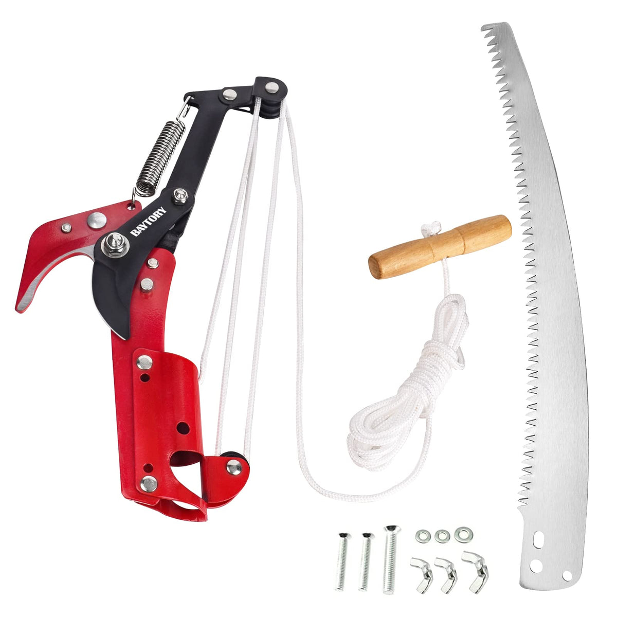 BAYTORY front view of pruner head showing packaging and included accessories, clear setup benefit