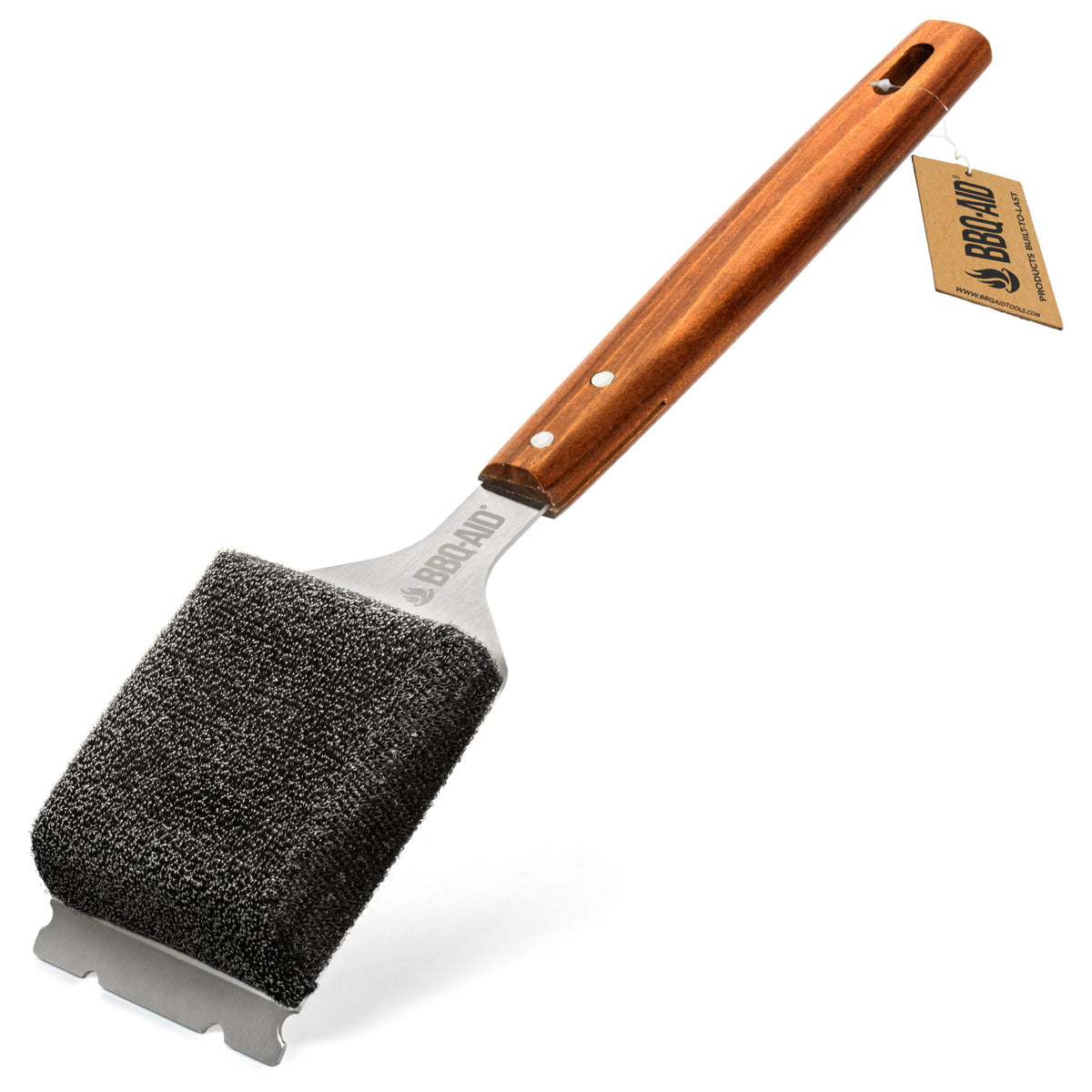 BBQ-Aid front view shows safe bristle-free cleaner and packaging benefit