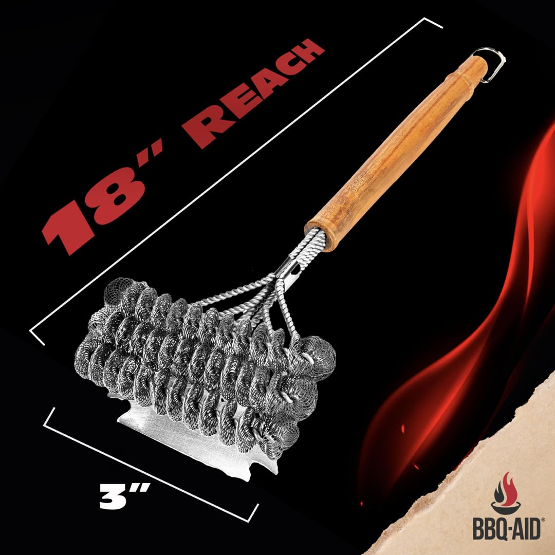 BBQ-Aid brush in use cleaning grill grates, removes burnt-on food quickly