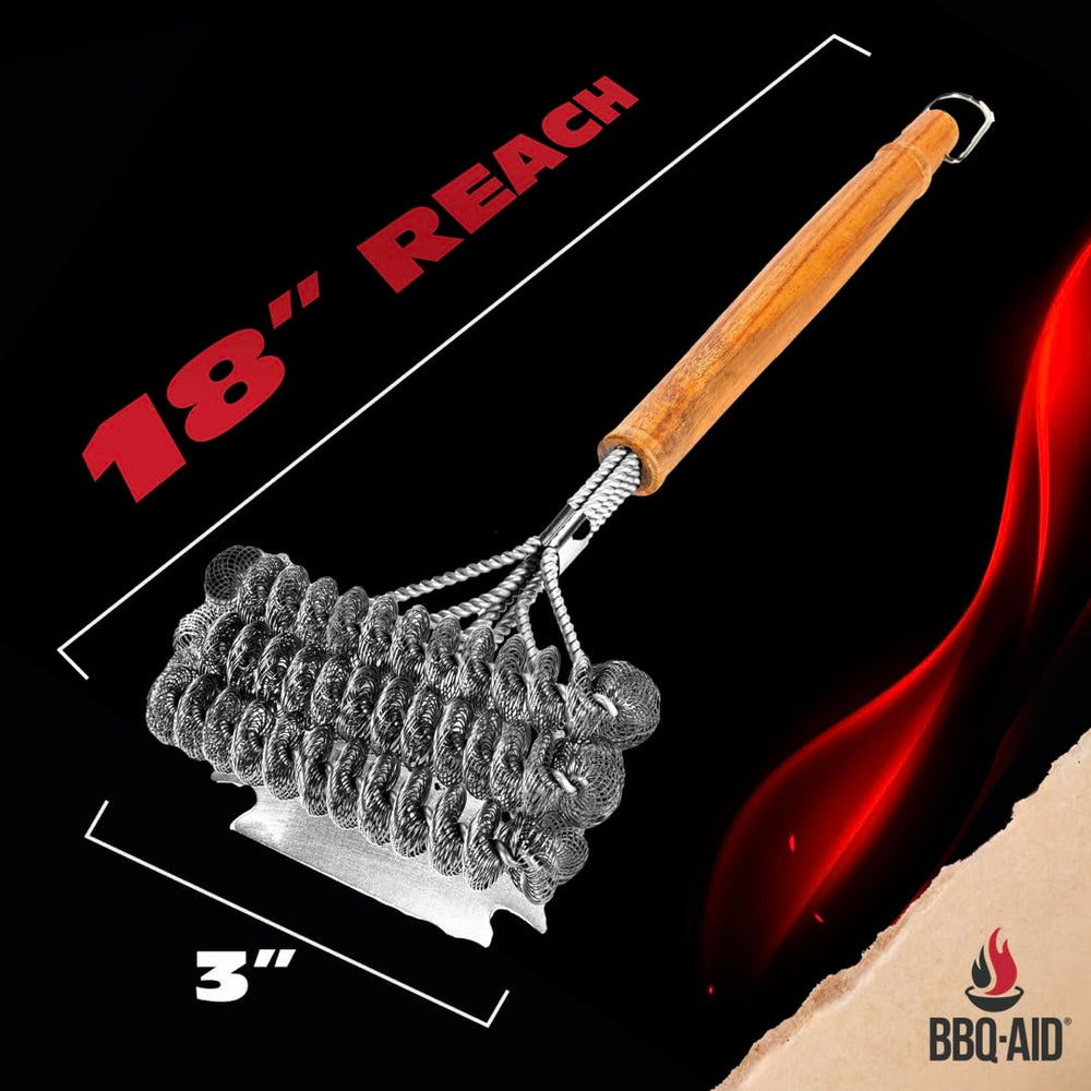 BBQ-Aid brush in use cleaning grill grates, removes burnt-on food quickly