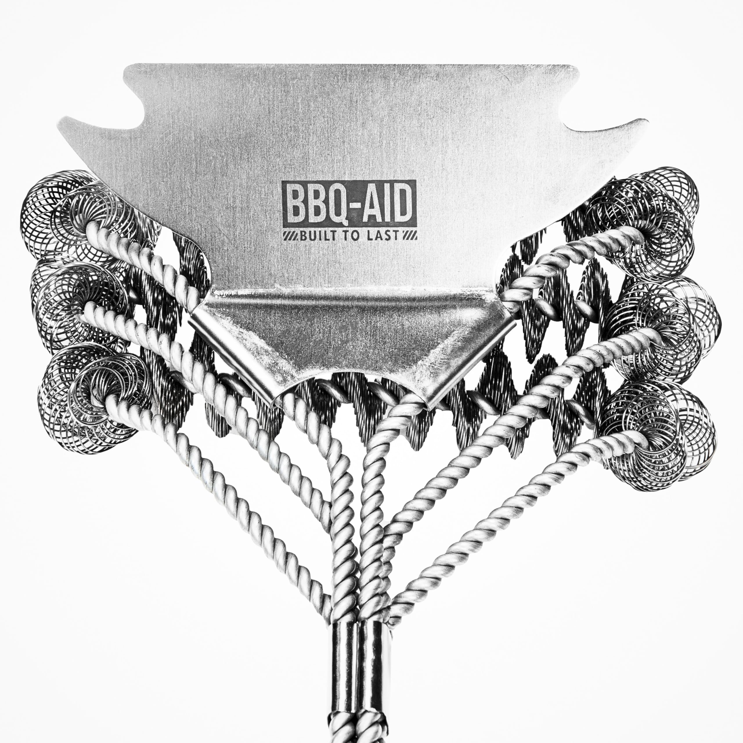 BBQ-Aid label and materials shot, shows stainless parts and wood handle