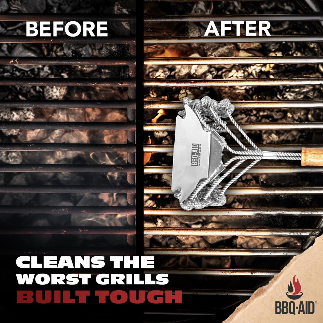 BBQ-Aid stainless scrubber head detail, durable surface removes residue