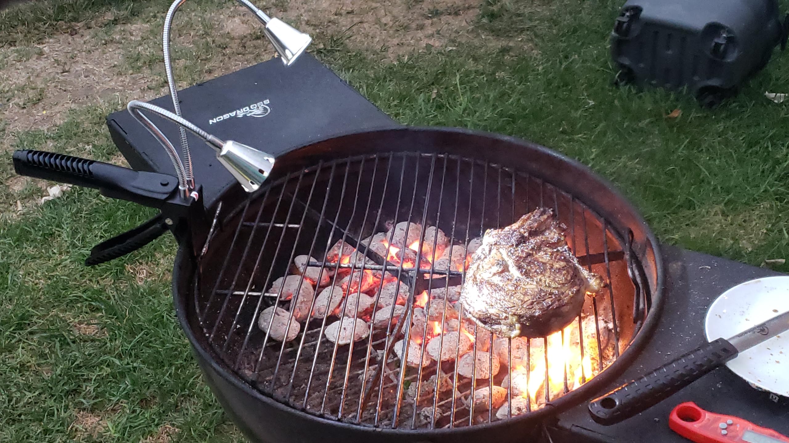 BBQ Dragon beside a spatula for scale, showing compact portability and reach benefit