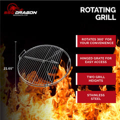 BBQ Dragon hinged section flipped up for charcoal access and continuous cooking benefit
