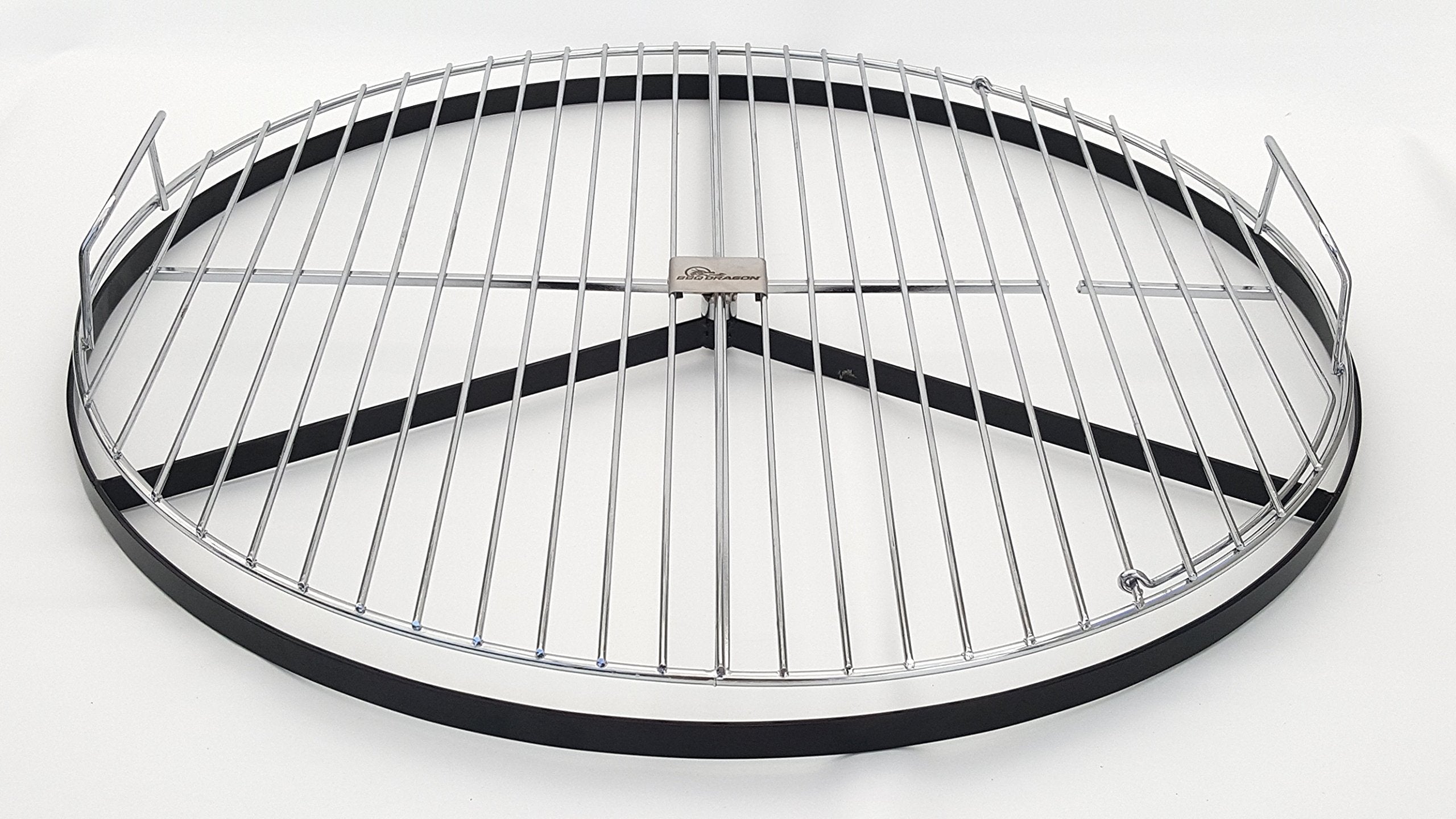 BBQ Dragon grate beside tongs for scale showing 22-inch size and full-coverage benefit