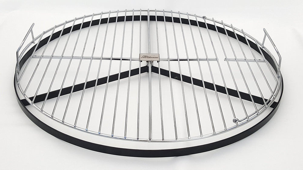 BBQ Dragon grate beside tongs for scale showing 22-inch size and full-coverage benefit