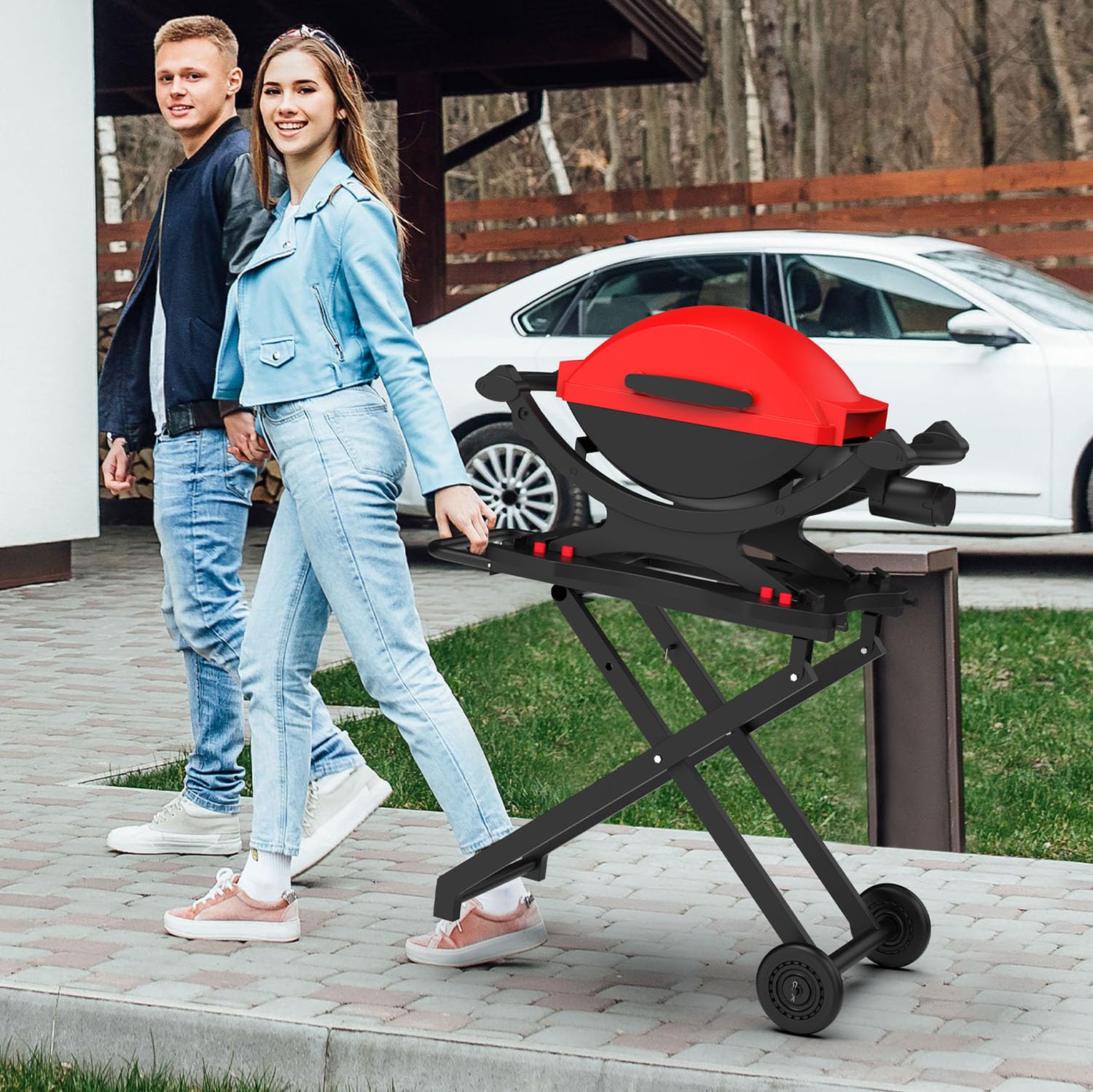 BBQ Future folded stand in car trunk illustrating compact storage and travel convenience