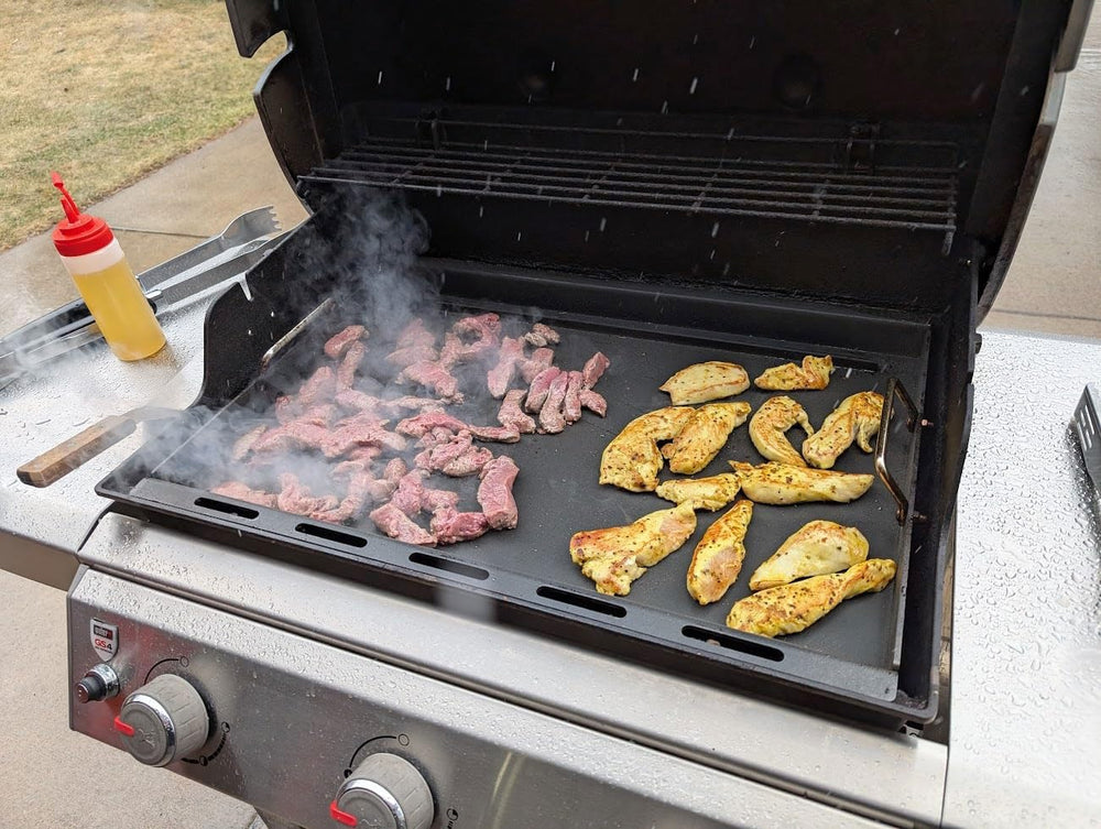 BBQ Future griddle cooking eggs demonstrating nonstick and quick cleanup benefit