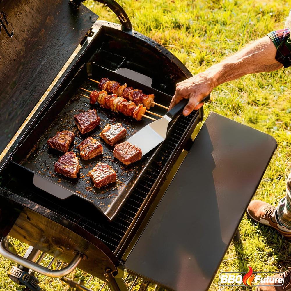 BBQ Future griddle with pizza baking showing even crust browning benefit