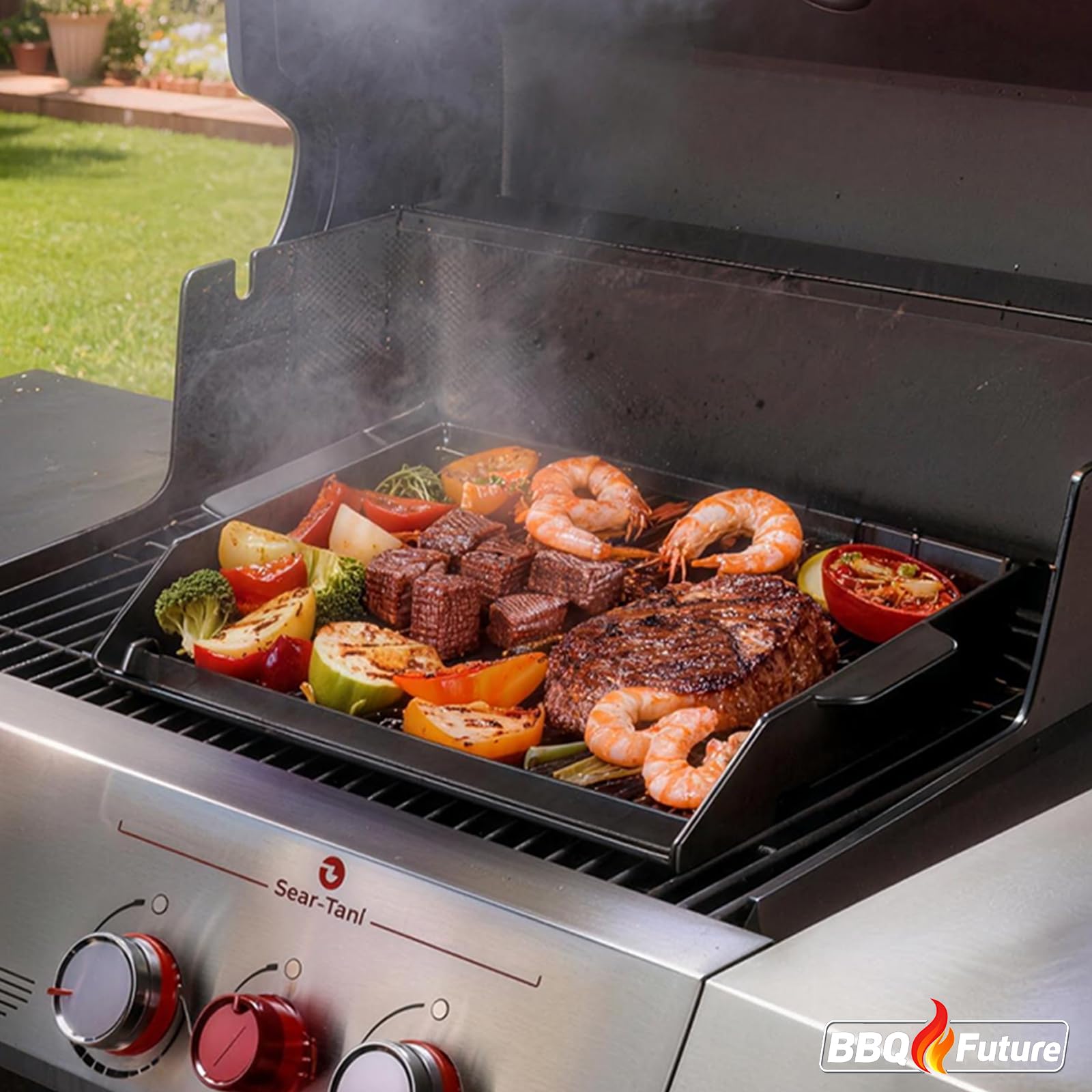 BBQ Future included stainless spatula set shown with griddle for flipping