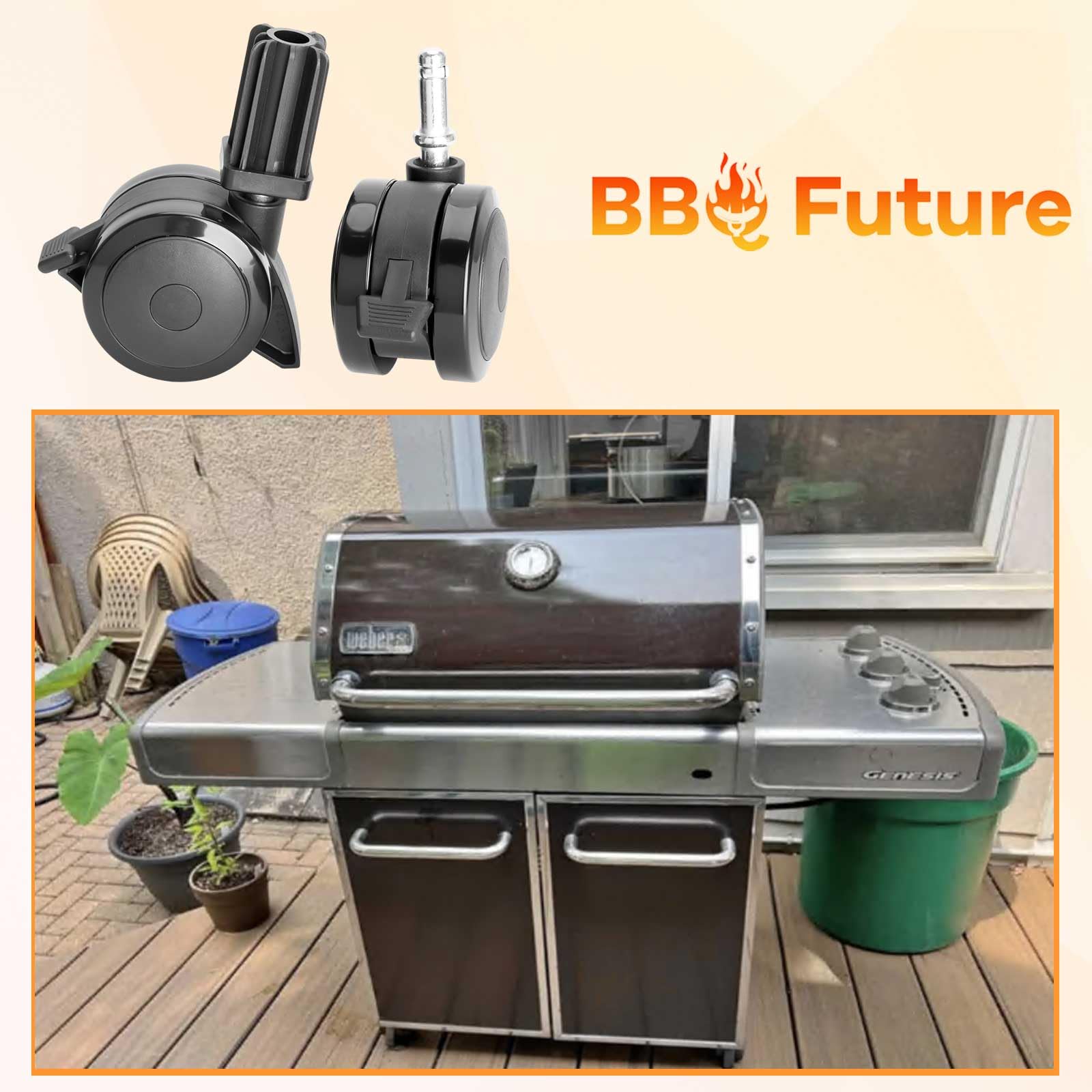 BBQ Future casters in use while moving a grill, showing effortless repositioning and locked stability