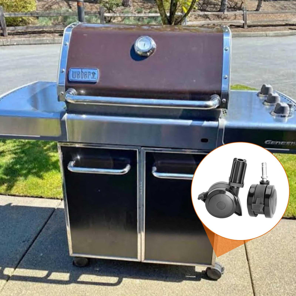 BBQ Future casters beside a ruler showing exact wheel and insert measurements for correct replacement