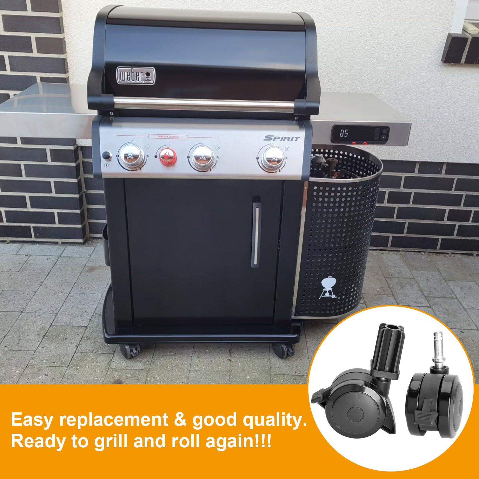 BBQ-PLUS close-up of wheel tread and lock mechanism improving stability