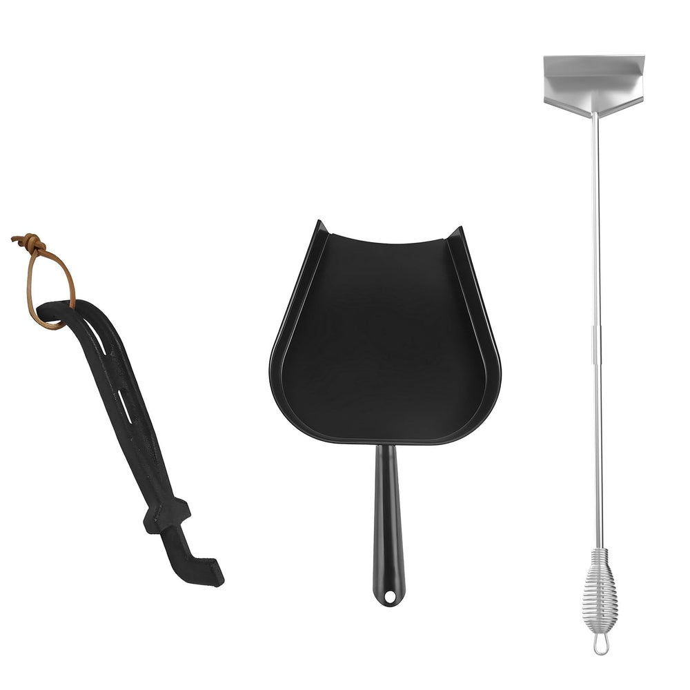 BBQ-PLUS full kit front view showing ash pan poker grate lifter for easy cleanup
