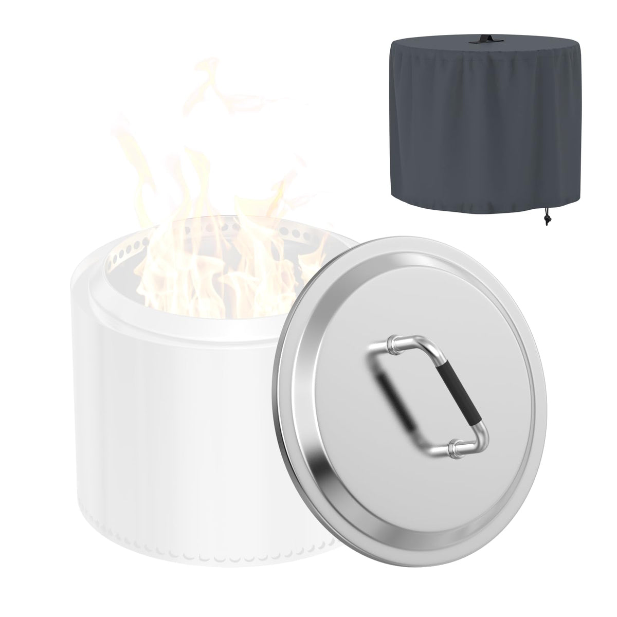 BBQ-PLUS front view of stainless lid on fire pit protecting outdoors