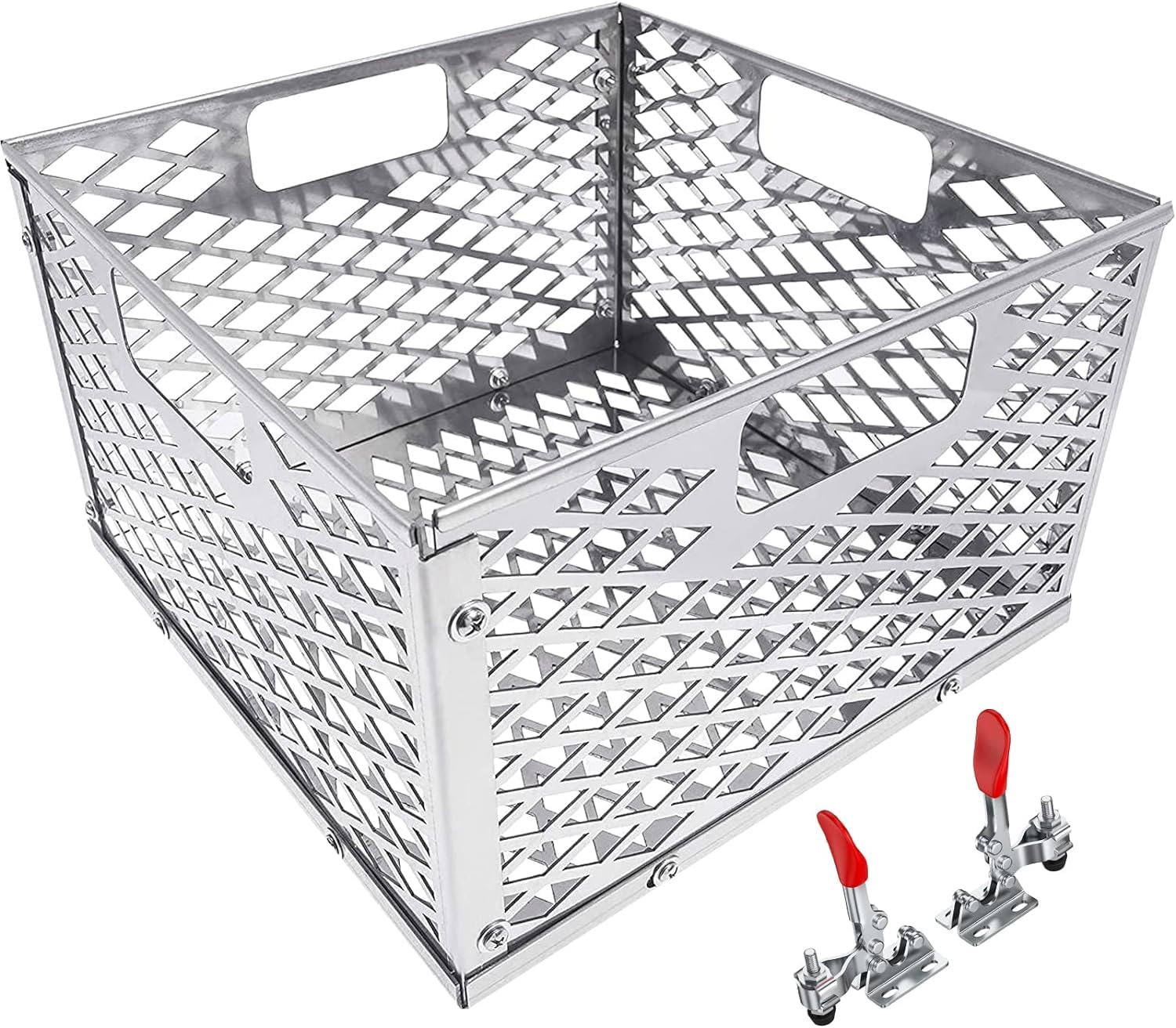 BBQ-PLUS front view of stainless firebox basket and clamps showing durable build and fit