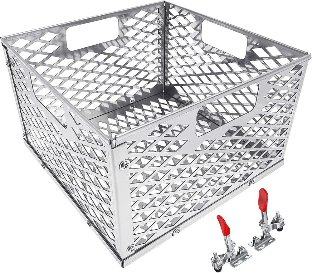 BBQ-PLUS front view of stainless firebox basket and clamps showing durable build and fit