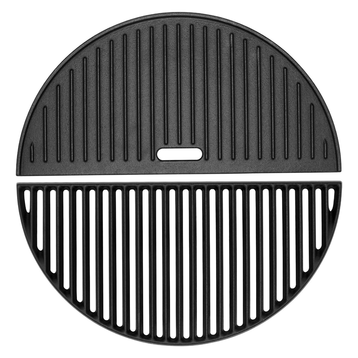 BBQ-PLUS front view of half moon grate showing durable cast iron and fit