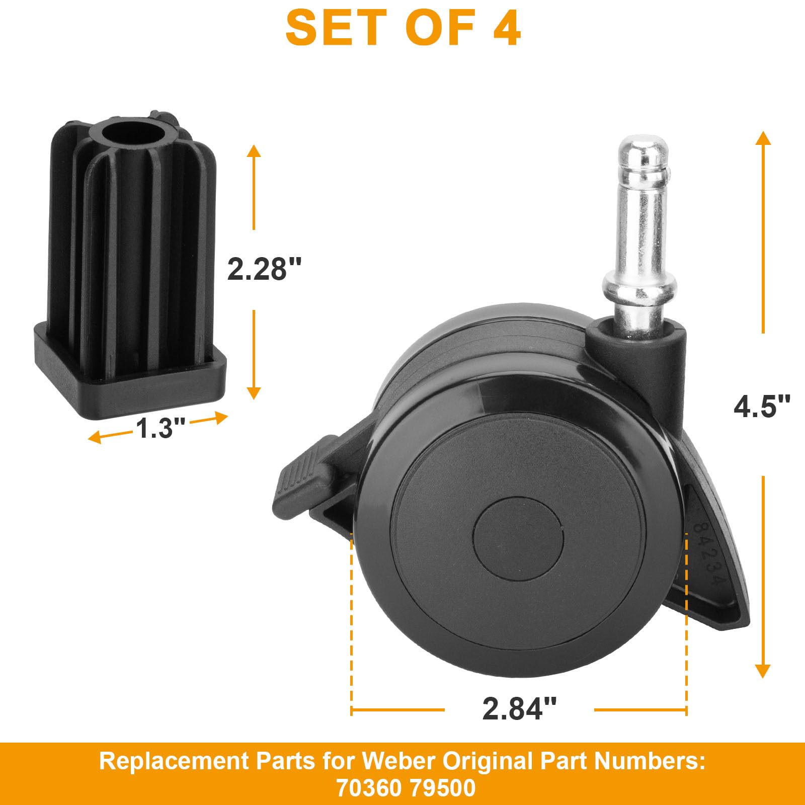 BBQ-PLUS caster insert detail with measurements for correct compatibility