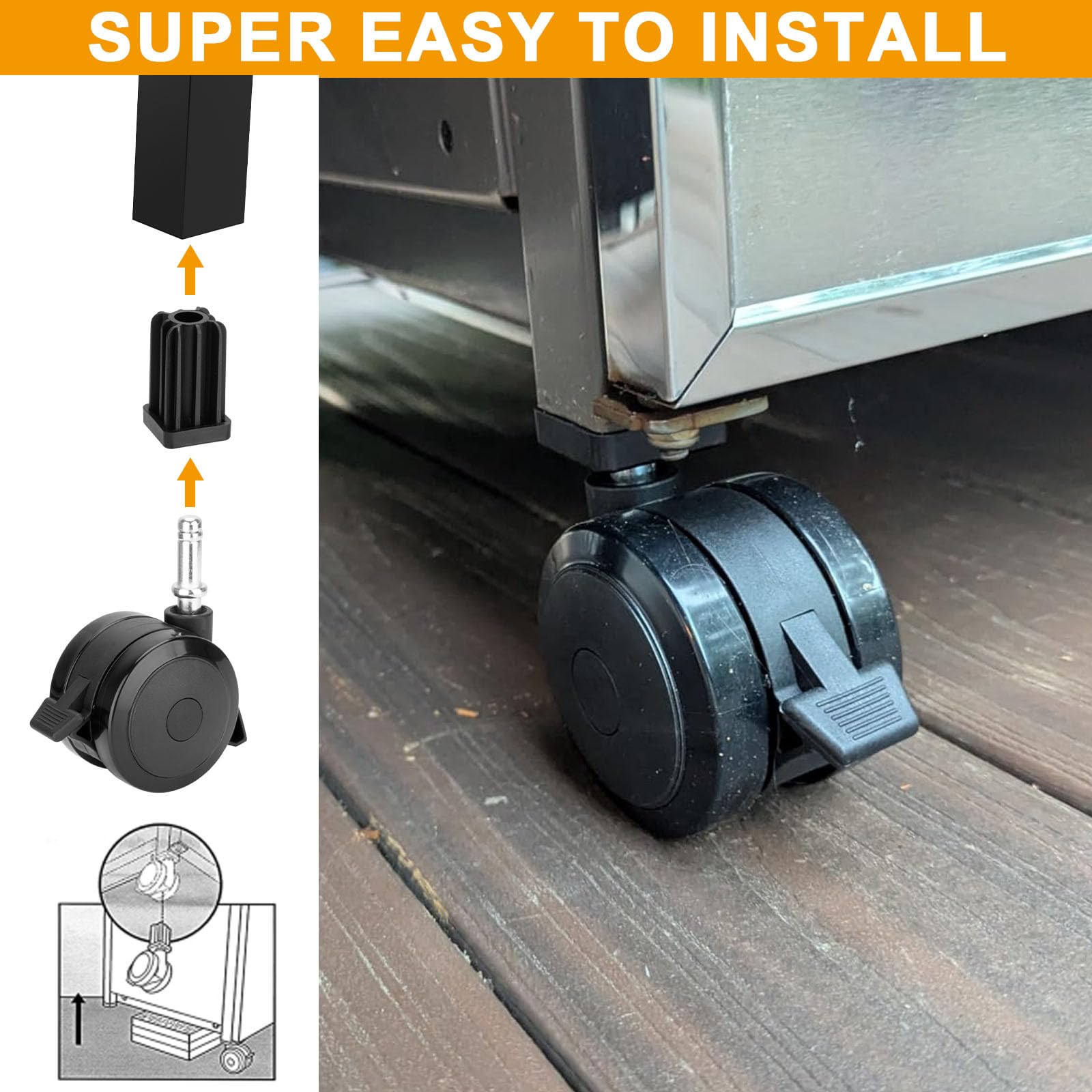 BBQ-PLUS package contents laid out with four wheels and four inserts